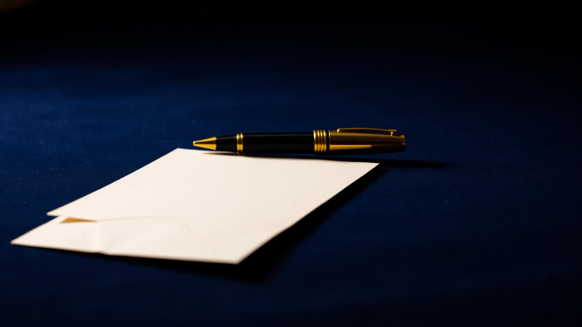 A gold fountain pen resting on a folded cream letter on a deep navy surface