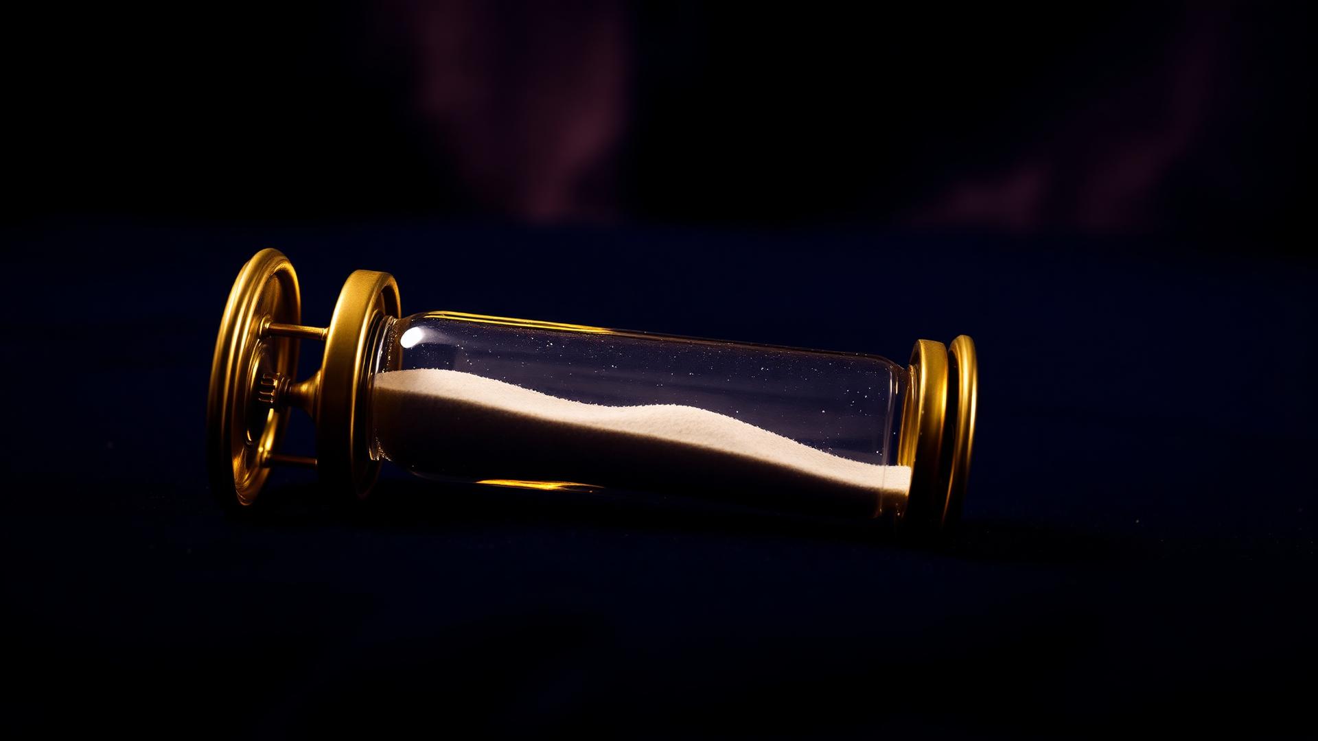 A brass hourglass lying on its side with the sand settled, on a deep navy surface