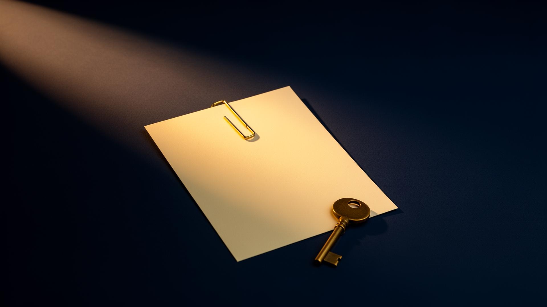 A blank cream paper held by a single gold paperclip with a small brass key beside it on a navy surface