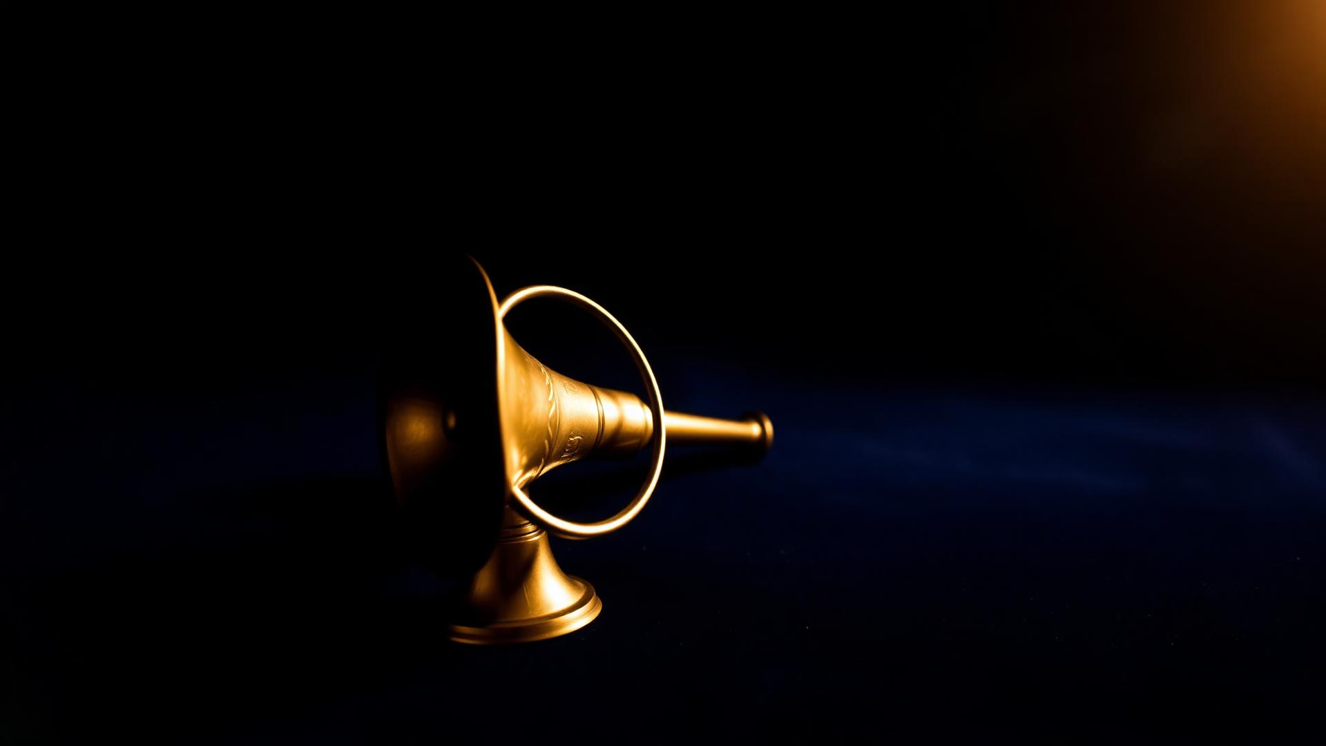 An old-fashioned brass speaking trumpet with the bell facing the viewer on a deep navy surface