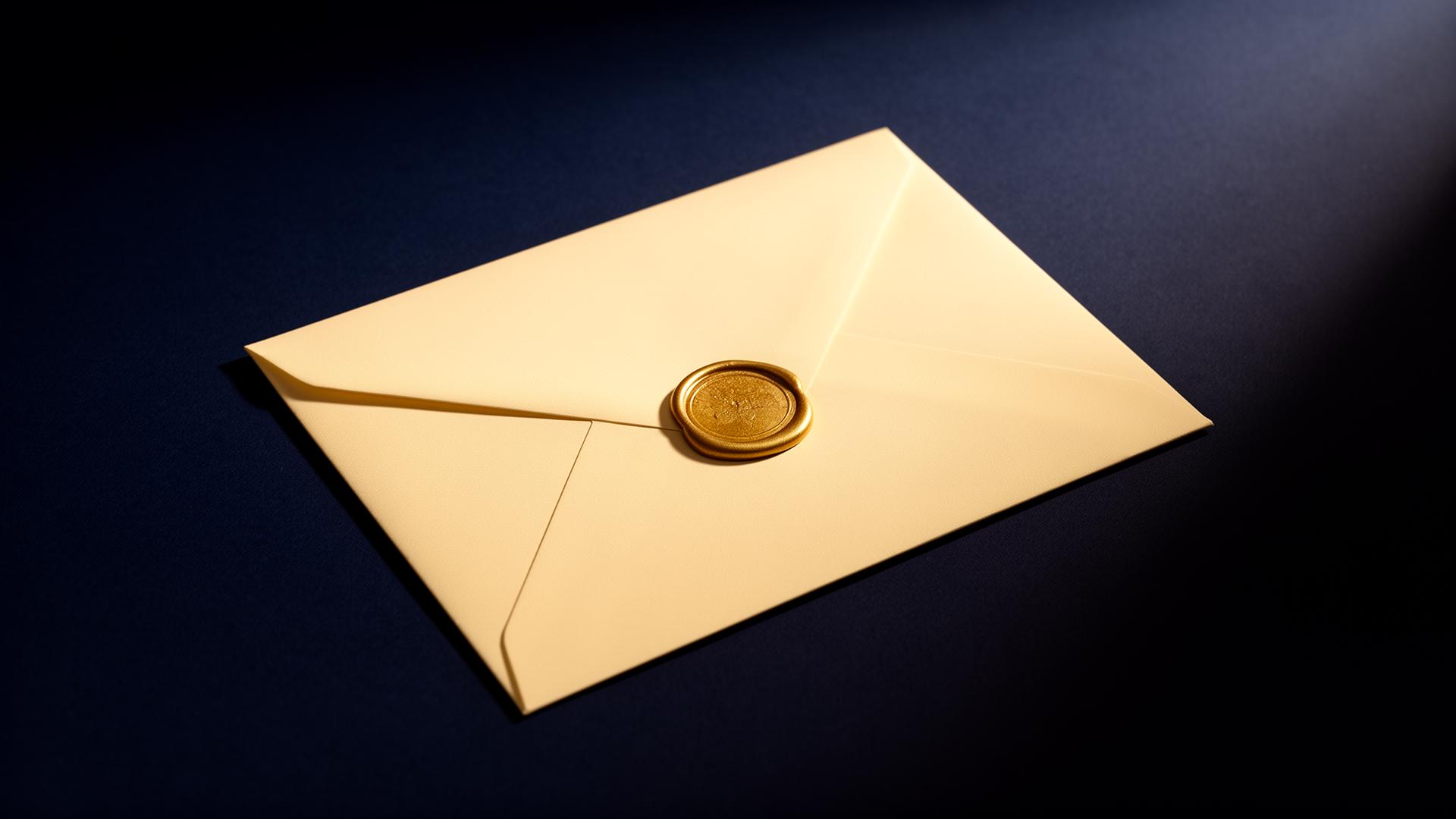 A pristine cream envelope sealed with a circular gold wax seal on a deep navy surface