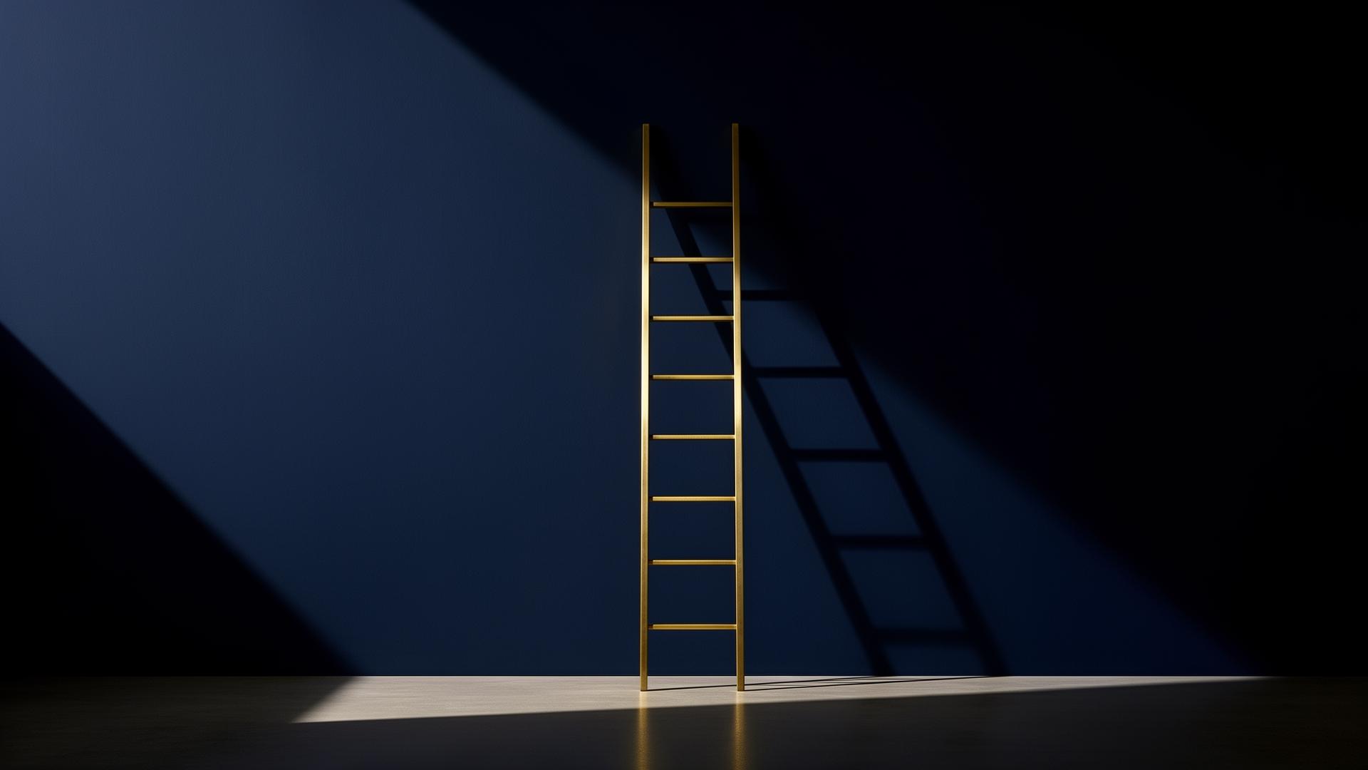 A slim brass ladder standing against a deep navy wall, casting a long diagonal shadow