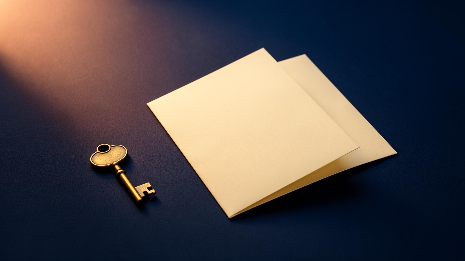 A small brass key beside a folded cream document on a deep navy surface