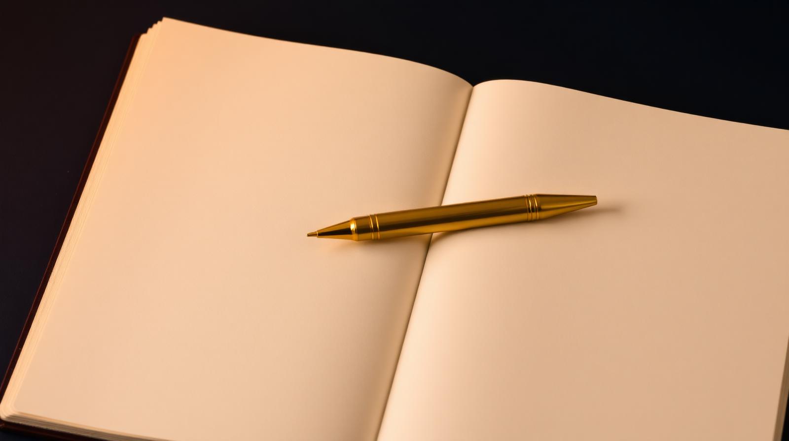 A brass pen resting across an open notebook with blank cream pages on a deep navy surface — preparation before the conversation