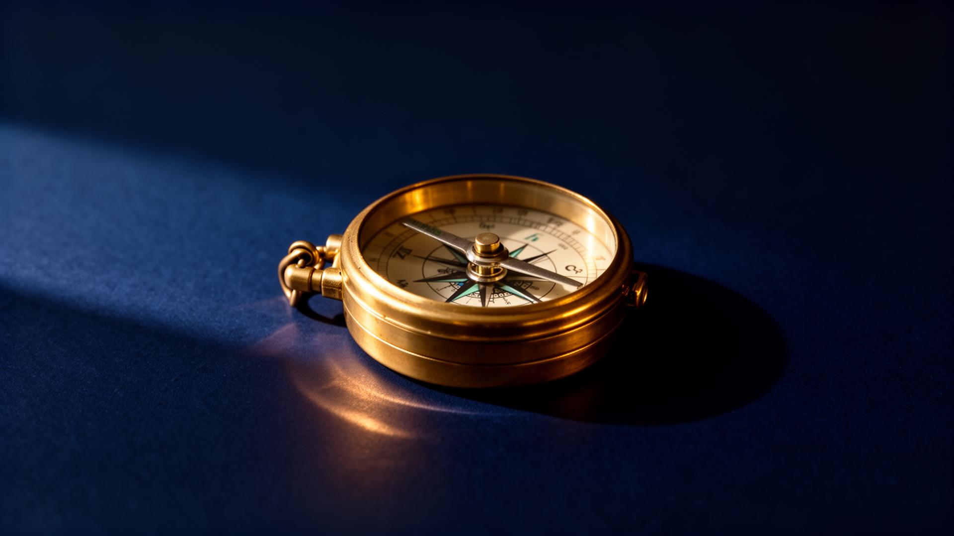 A closed brass compass resting on a deep navy surface, warm light catching the hinge