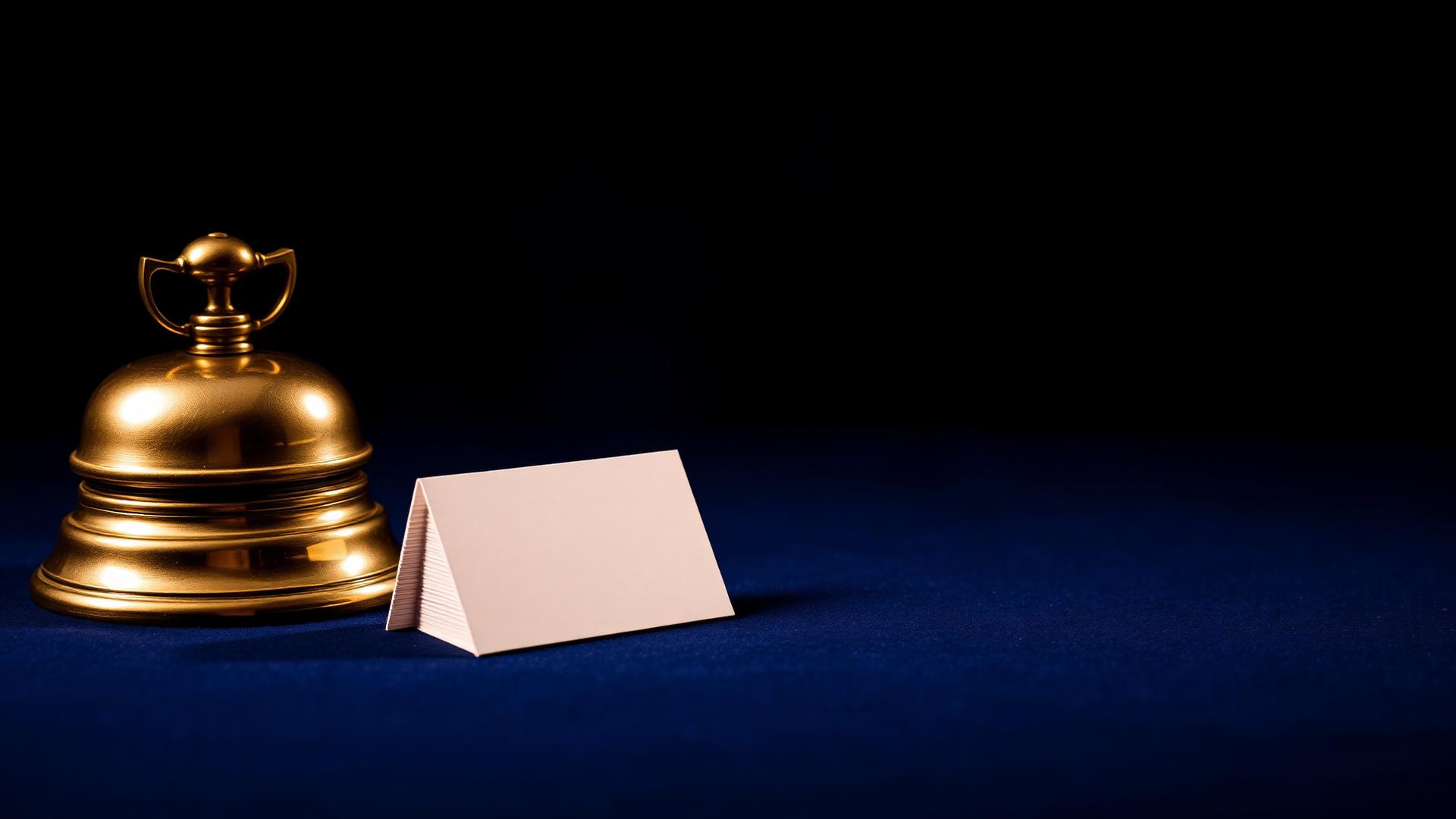 A brass hotel desk bell standing alone on a deep navy surface
