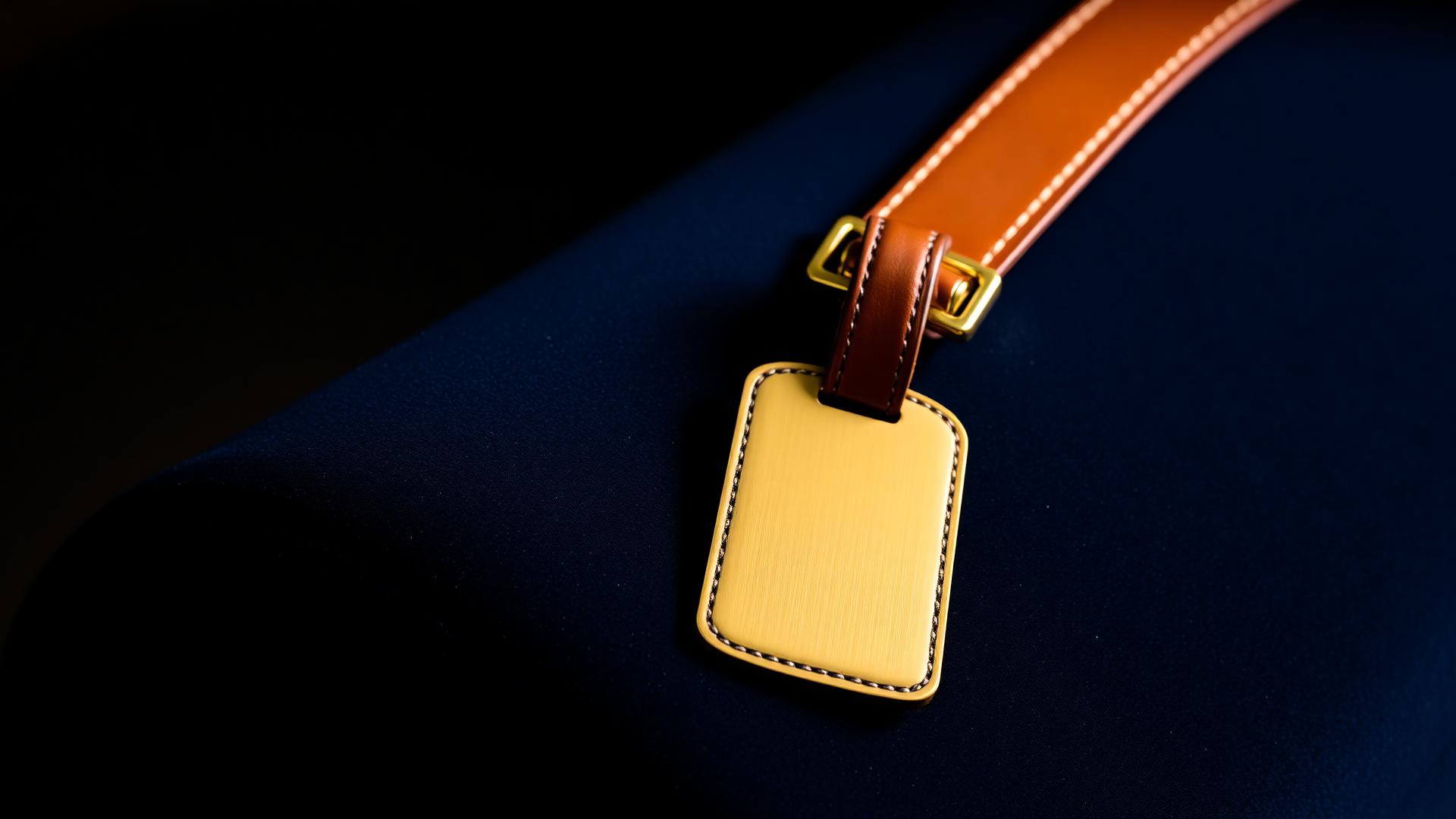 A polished brass luggage tag on a leather strap resting on a deep navy surface