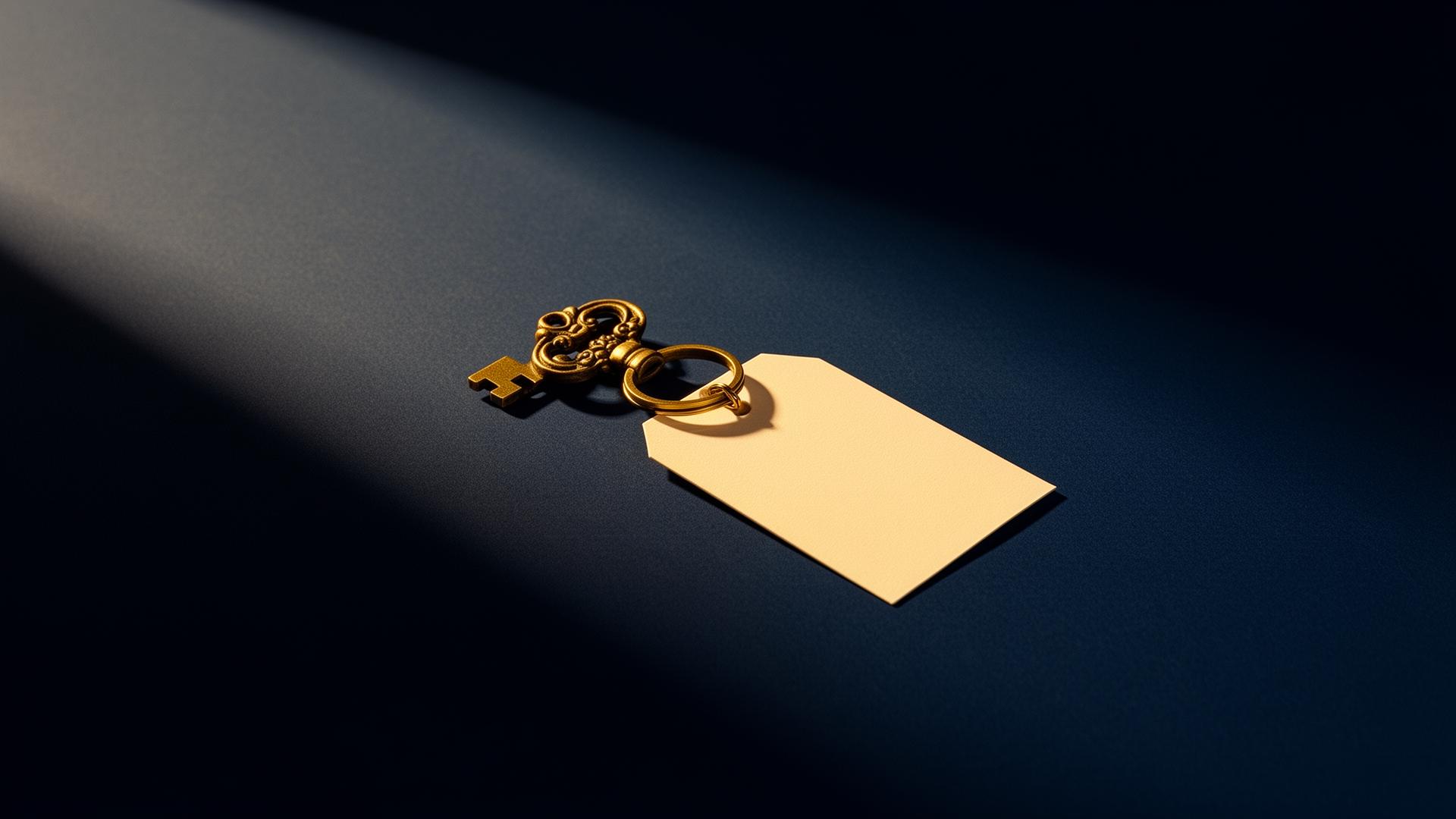 An ornate brass key on a ring with a blank cream paper tag, casting a long shadow on a navy surface