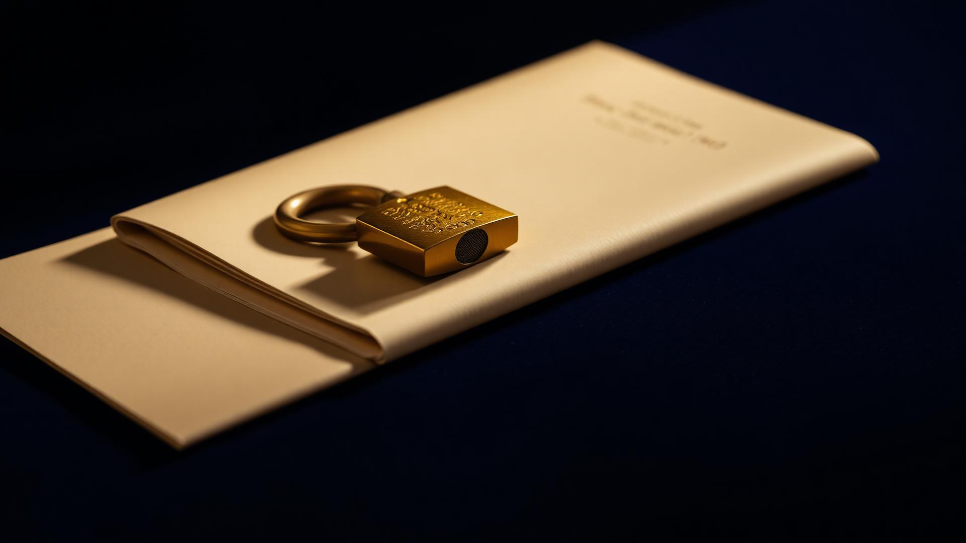 A closed brass padlock resting on a folded cream document on a deep navy surface