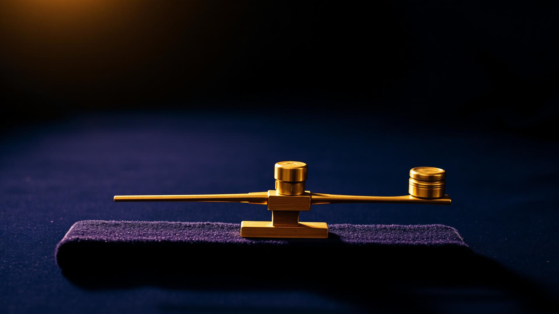 A small brass balance beam holding two calibration weights of slightly different sizes on a deep navy surface