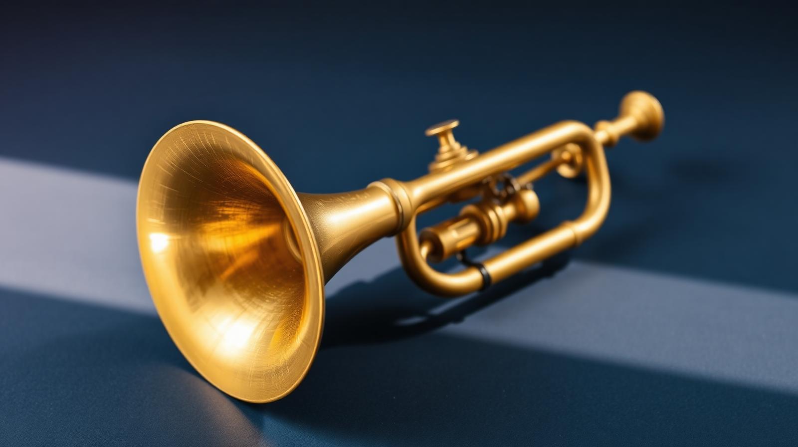 An old-fashioned brass speaking trumpet resting on its side on a deep navy surface, bell facing the viewer