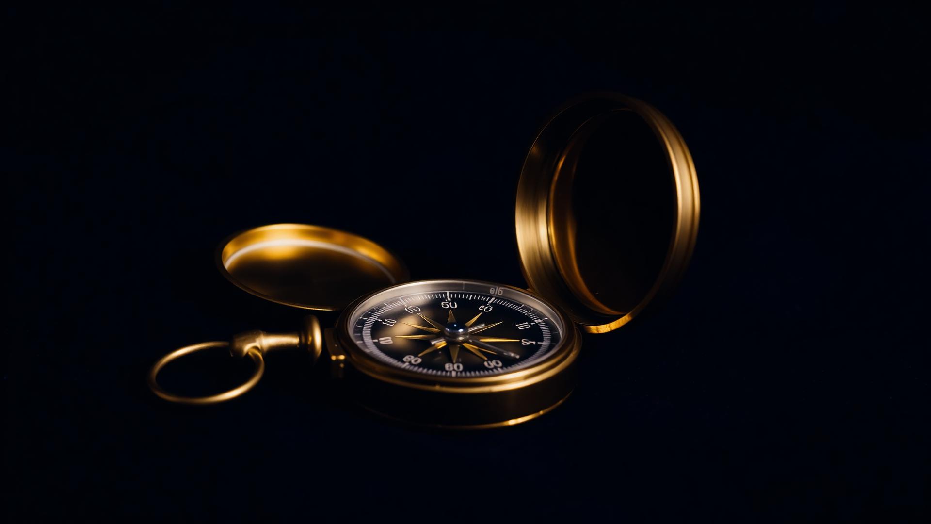 An open antique brass compass on a deep navy surface, needle catching the light
