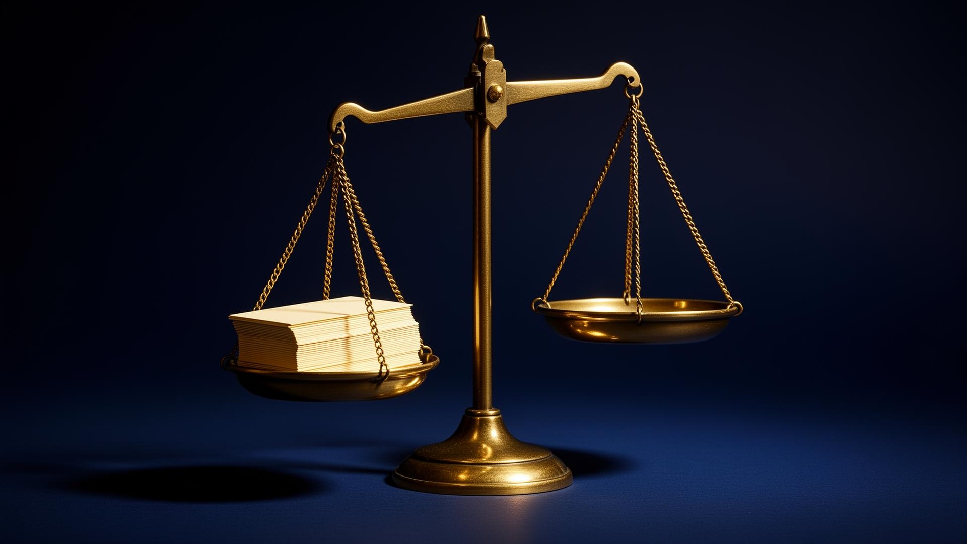 An antique brass balance scale on a deep navy background, one side weighted with cream business cards