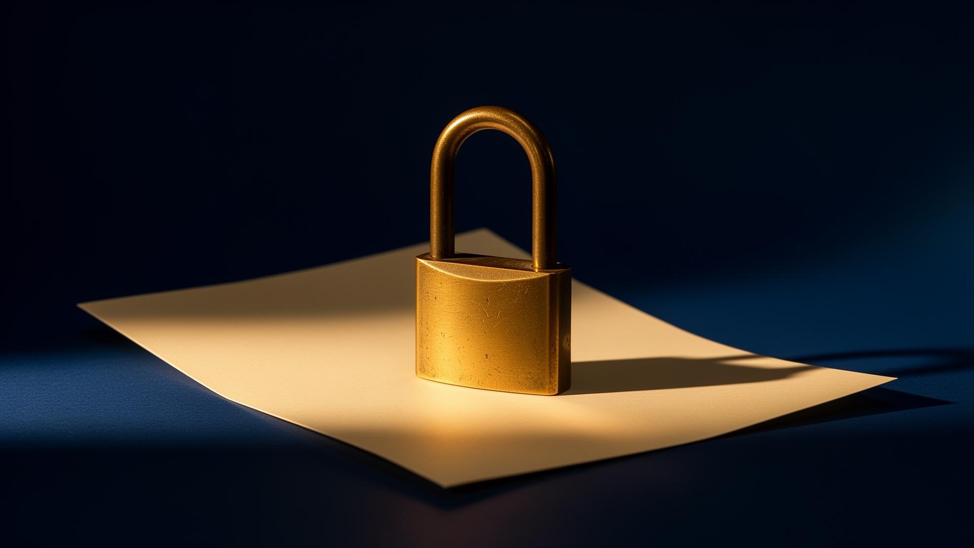 A closed brass padlock standing on a folded cream paper, lit by a soft side beam against deep navy