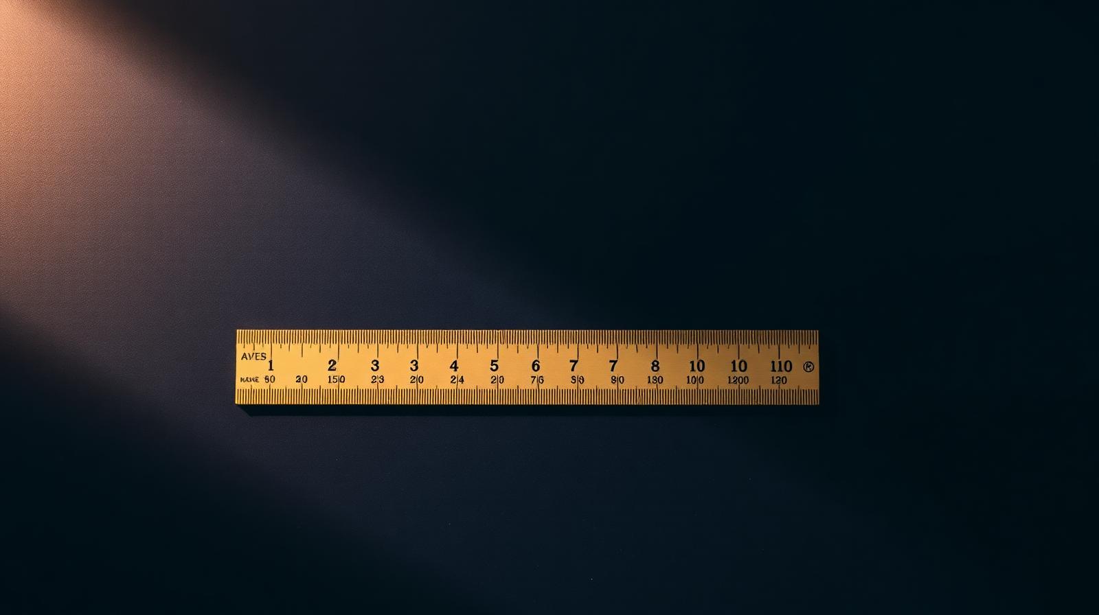 A short brass measuring ruler resting flat on a deep navy surface, edge-lit, the measurement stopping short of the surface edge