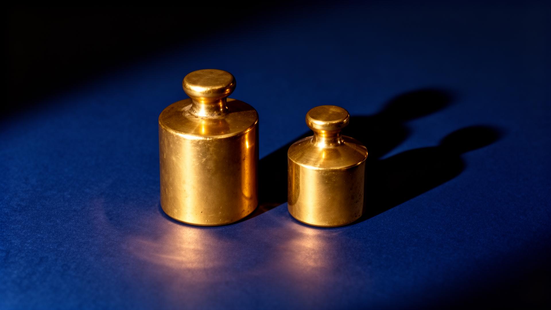 Two brass weights of slightly different sizes resting side by side on a deep navy surface