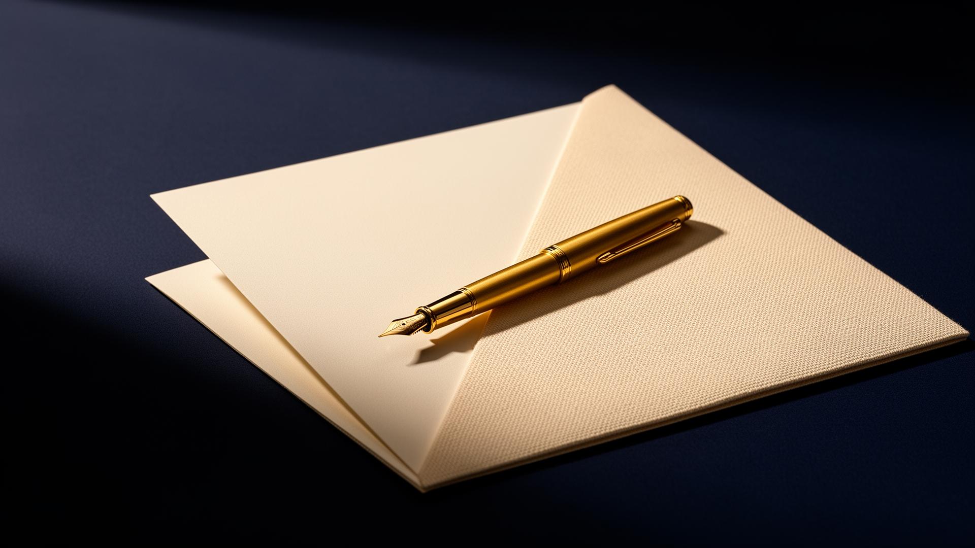 A gold fountain pen resting on a folded cream letter against a deep navy surface